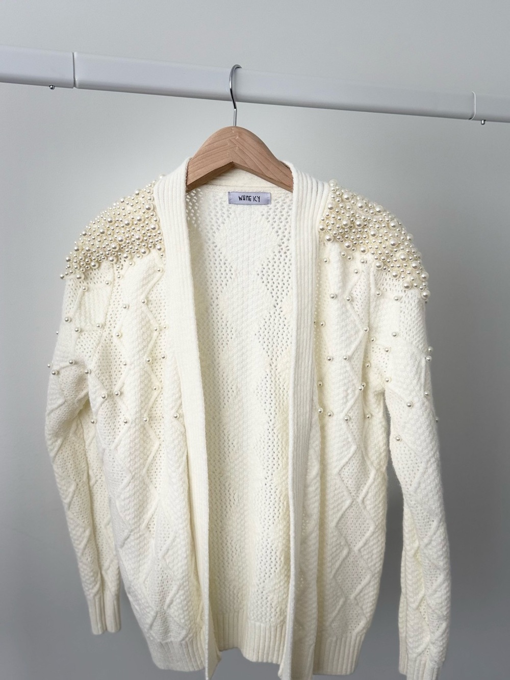 Ivory Pearl-Embellished Cable Knit Cardigan